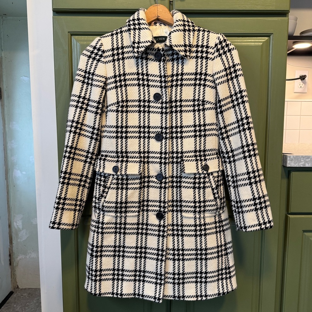 J. Crew Vintage Black and Cream Plaid Wool Pea Coat